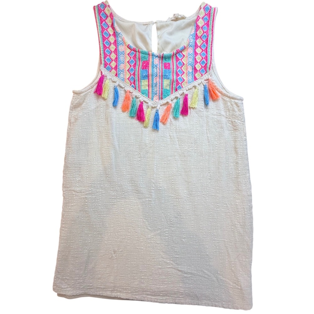Boho Embroidered Tassel Gauze Sleeveless Tunic Top Cream Multi Color‎ Festival